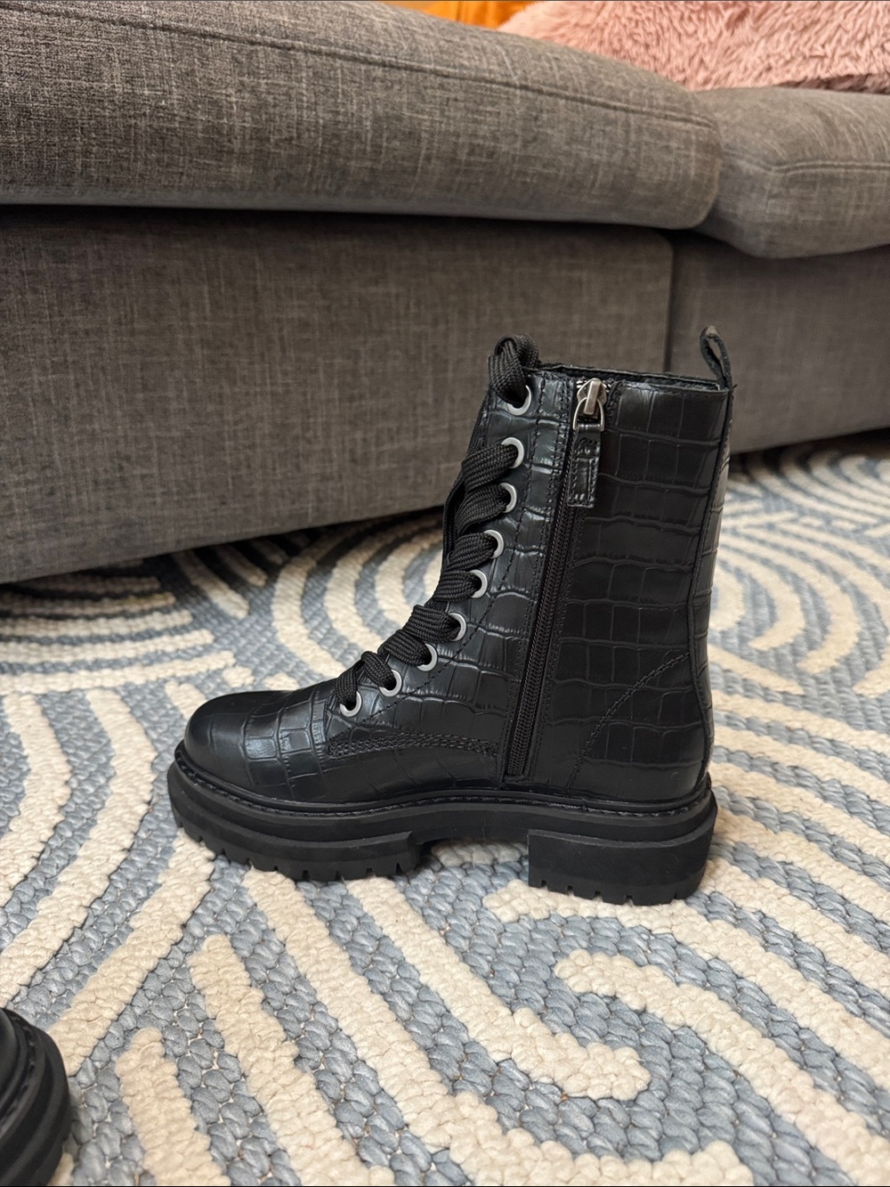 Kurt Geiger Black Croc Embossed Leather Combat Boots EU 36 - Picture 4 of 8